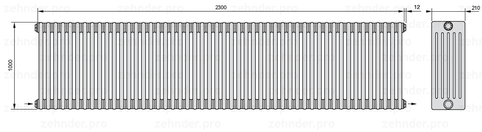 Схема (чертеж) Радиатор Zehnder Charleston 6100/50 №2670 Белый глянцевый RAL 9016